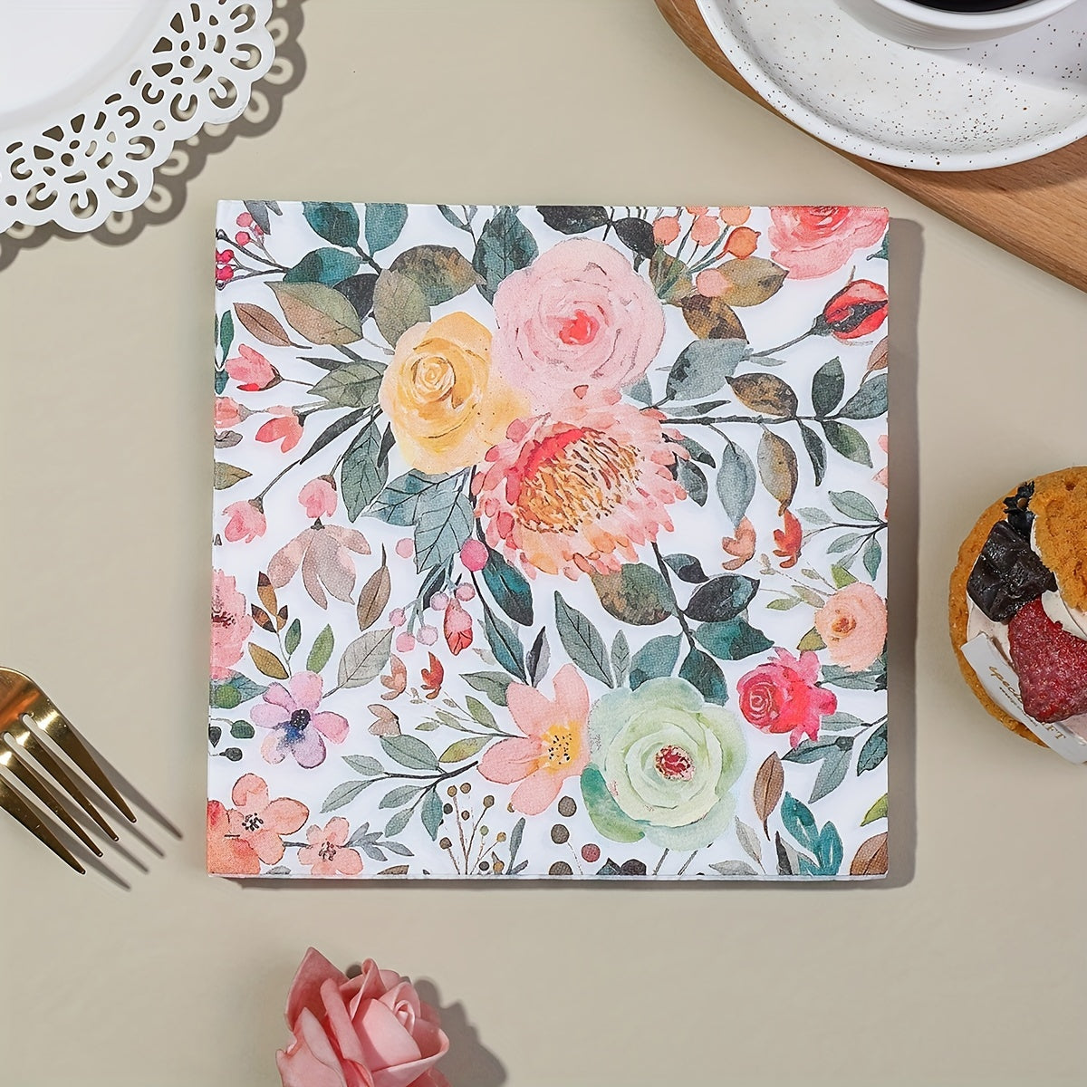 TEMU 20-pack Floral Paper Napkins - Double Layered, Universal , Ideal For Family , Birthdays, Parties, Camping, Hotels, Coffee Shops - Elegant Napkin