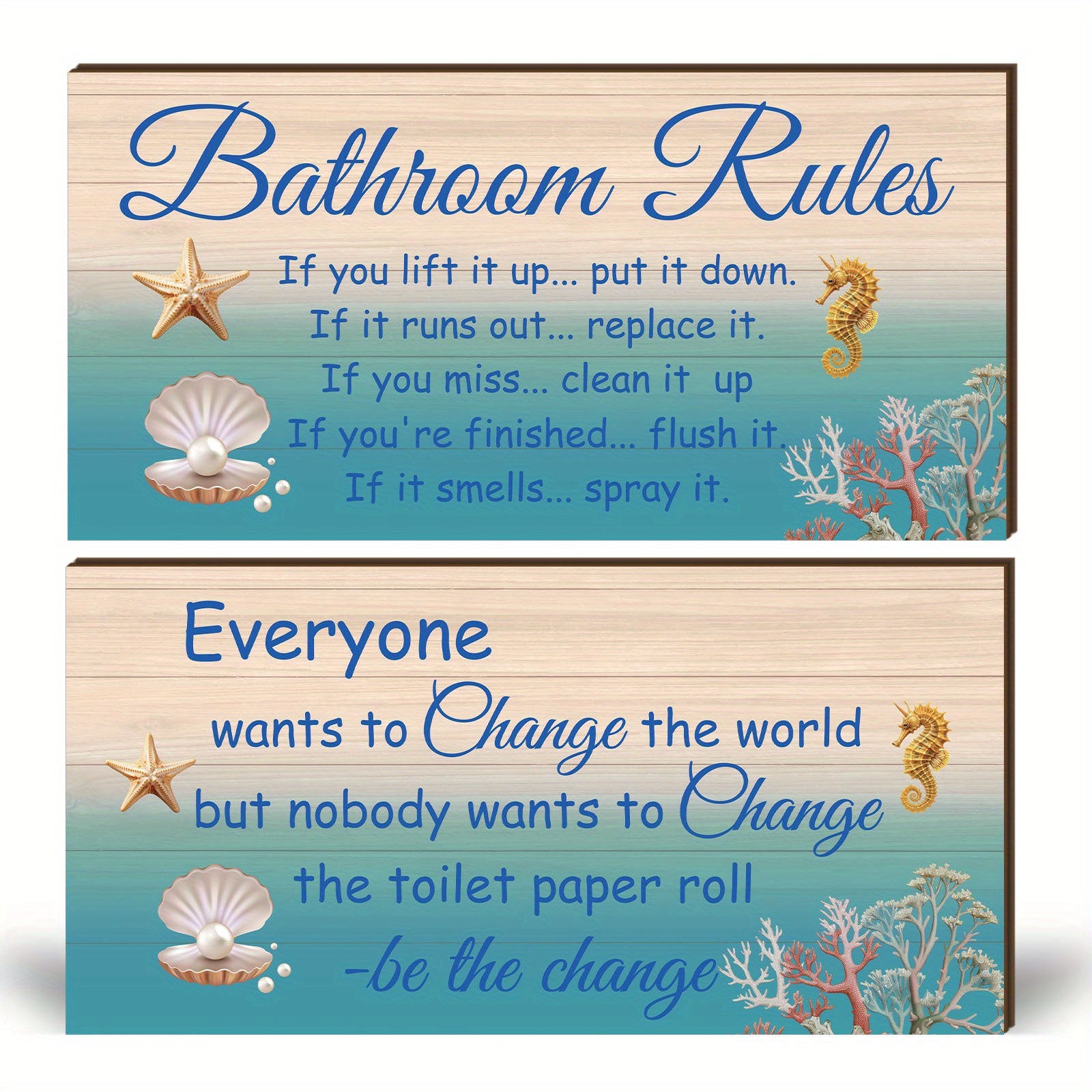 TEMU 2pcs Fun Ocean Theme Bathroom Wooden Plaque Decor Funny Bathroom Rules Copywriting Bathroom Wall Decor, Pattern Bathroom Accessories Farmhouse