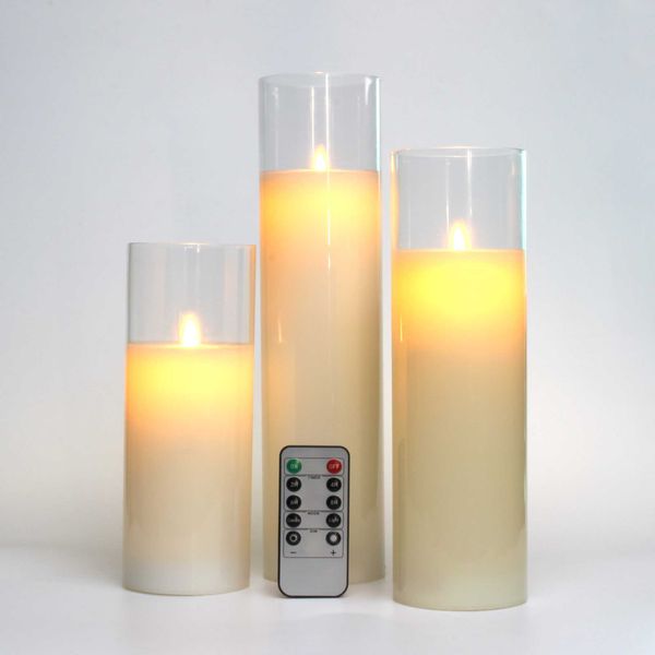 Scented Candle Glass Flameless Candles Set 8&quot; 10&quot; 12&quot; Battery Operated Real Wax Pillars Glass LED Candles With Remote Control