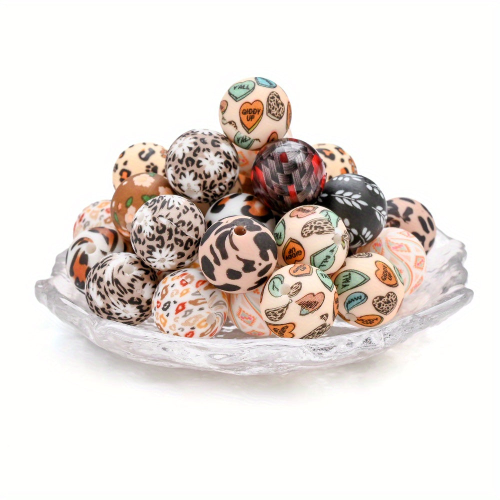 TEMU 50-pack 15mm Silicone Printed Round Beads, Suitable For Making - , Polka Dots And Abstract Patterns Decorative Beads, Bracelets, Necklaces,