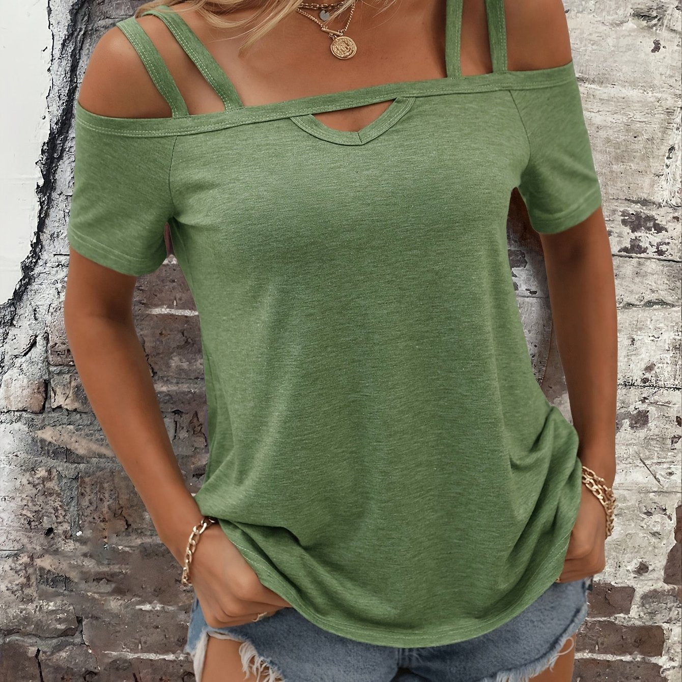 TEMU Women's Cold Shoulder Top - Solid Green, Cut-out Detail, Short Sleeve, Summer Blouse, Machine Washable, Fit For Casual Attire