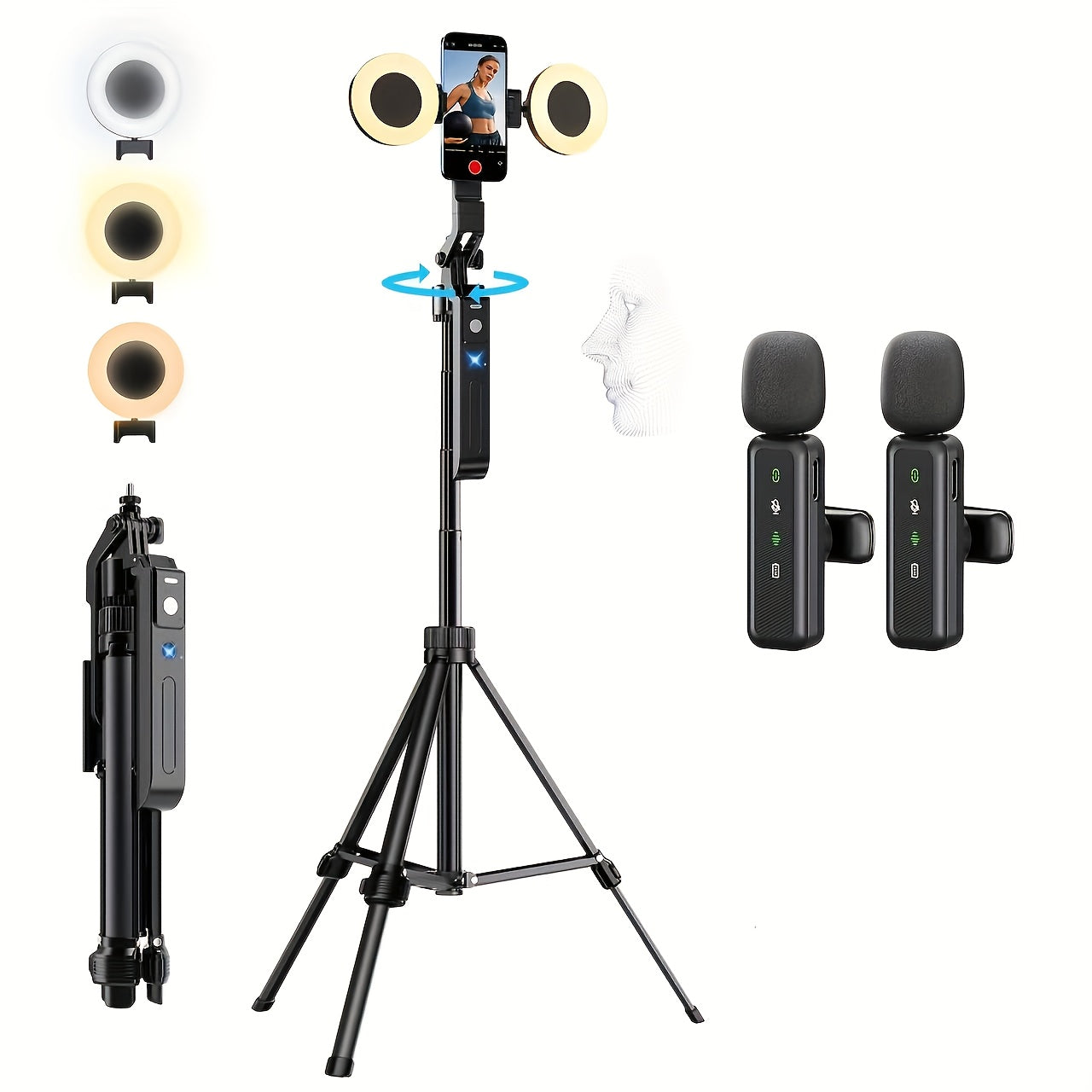 TEMU Vlogging Kit For Phone, 70.9" Tracking Tripod For Phone With Light, Microphone, Essentials Starter Kit For Tiktok-youtube