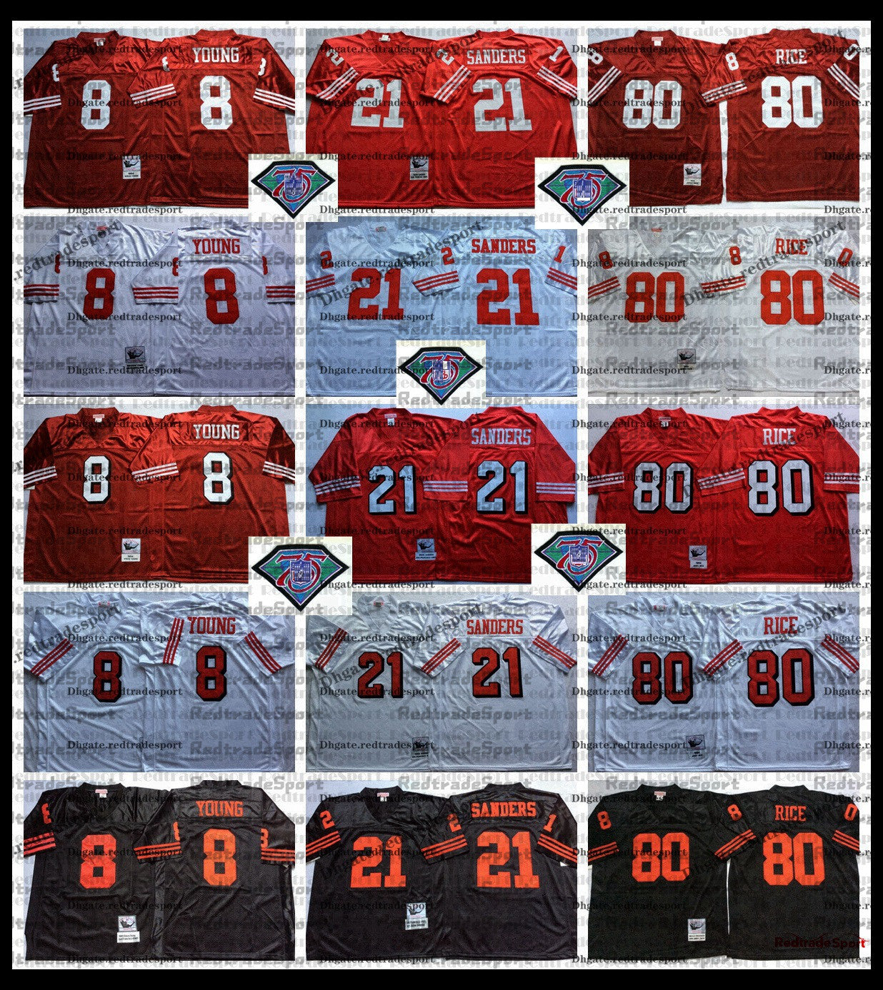 Jersey Vintage Mens 8 Steve Young 21 Deion Sanders 80 Jerry Rice Football Jerseys 1994 Red 75th Jersey Embroidery Shirts Stitched Black M-XXXL