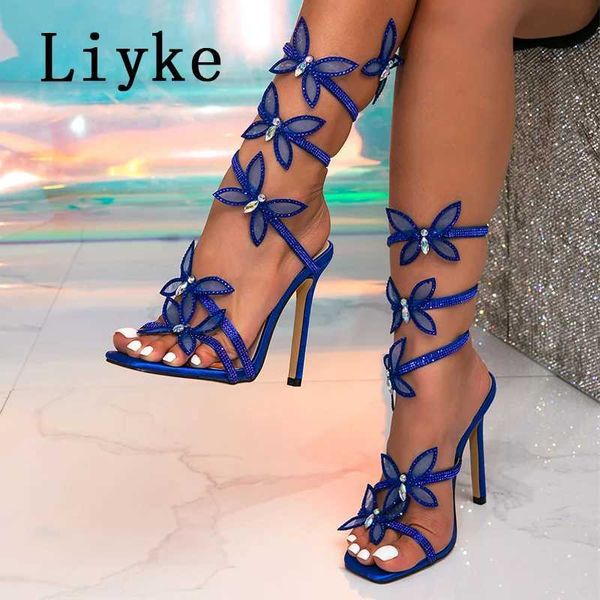 Sandals Liyke Fashion Glitter Rhinestone Womens Sandals Crystal Butterfly Square Toes Wedding Party Stripping Shoes High Heels Black Blue J2