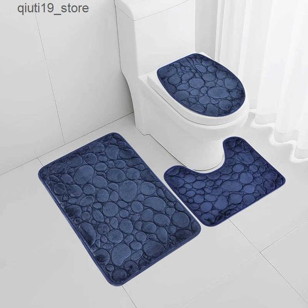 Bath Mats 1 set of solid color simple bathroom absorbent and anti slip floor mat stone pattern comfortable and soft three piece set J241206