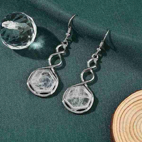 Boucles d'oreilles pendantes en cristal de quartz naturel hexagonal