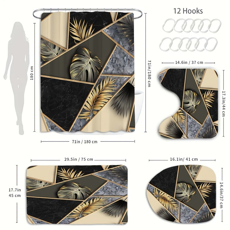 TEMU 1-4pcs Geometric Shape Splicing Leaf Pattern Bathroom Set, Waterproof Barrier Multifunctional Shower Curtain, With 12 Hooks, Anti Slip Bathroom