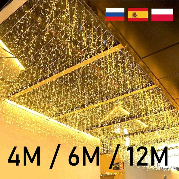 12M LED icicle string lights fairy curtains Christmas lights outdoor garden party home street garden lights Year decoration 241024