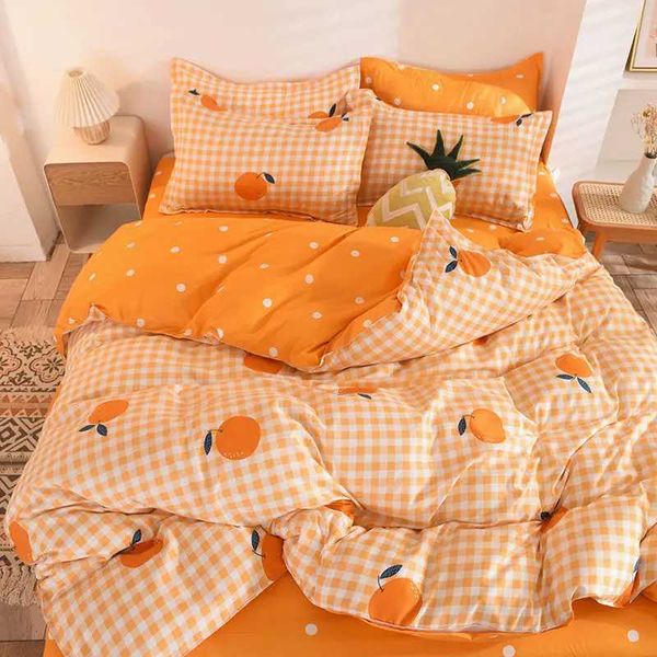 Orange Bedding Set Girls Boys Bed Linen Sheet Plaid Duvet Cover No Filling 240x220 Single Double Queen King BedclothesXJ241015
