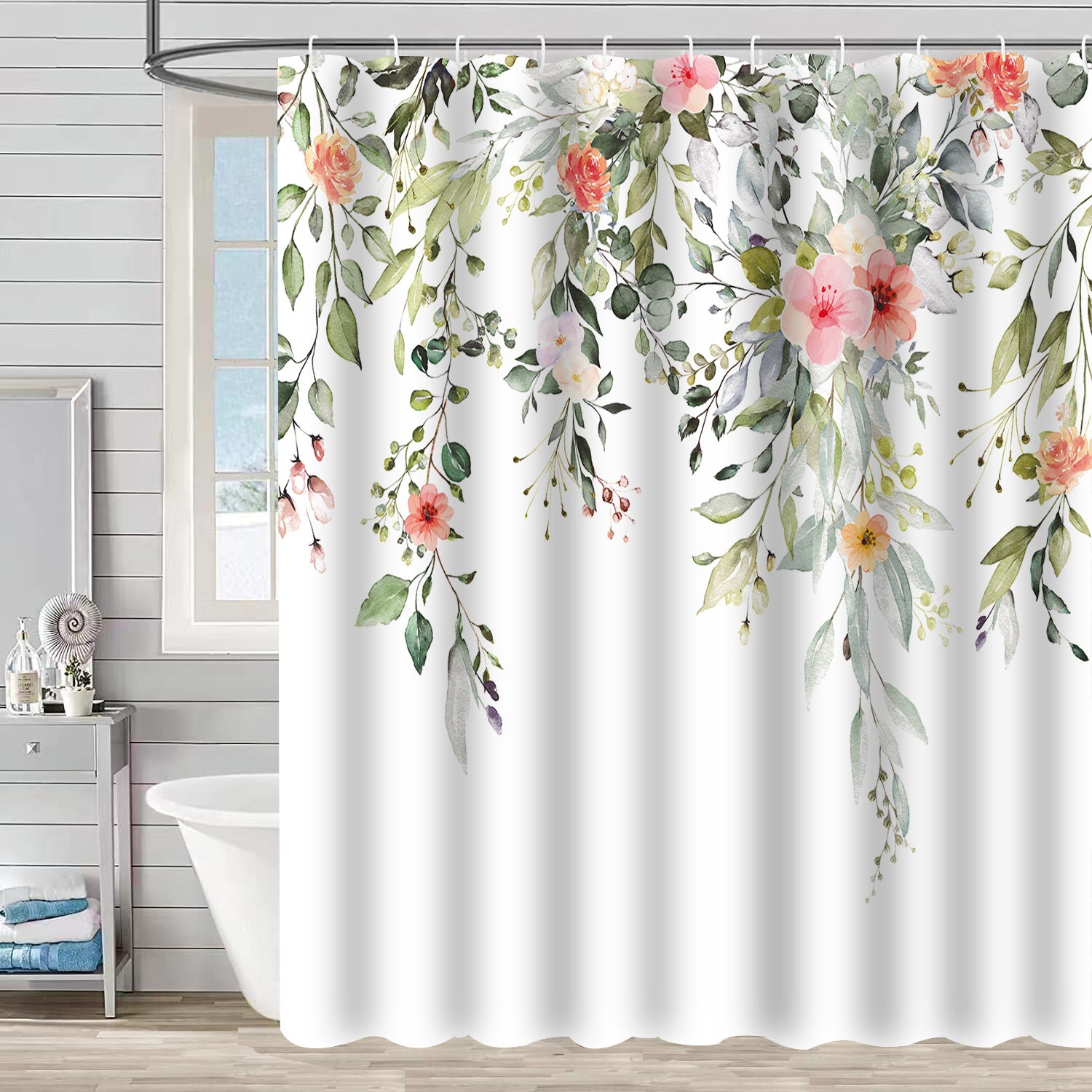 YL-37192 digital shower curtain cross-border plant flower waterproof polyester bathroom four-piece set dry and wet separation moisture-proof