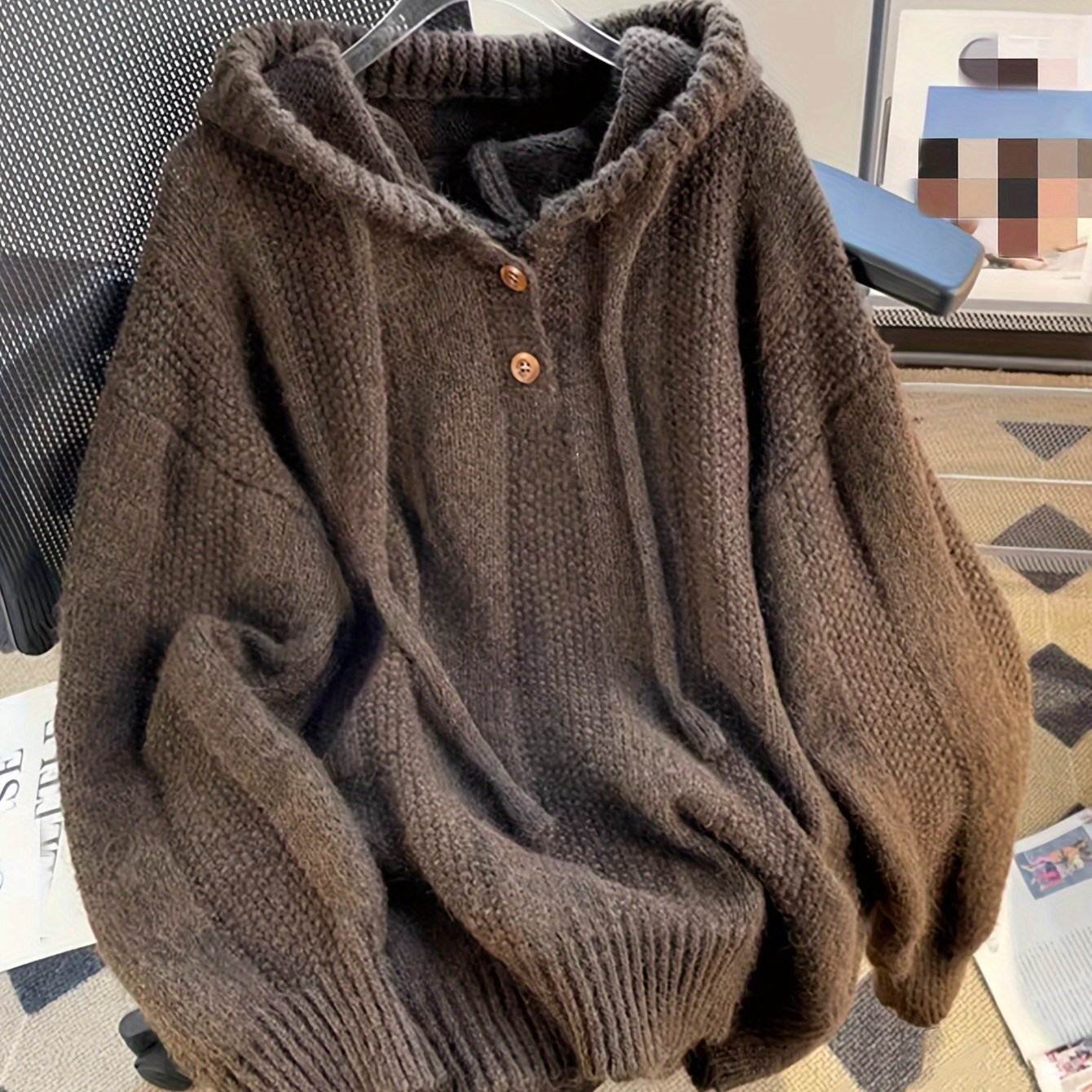 TEMU Women's Hooded Cardigan - Loose Fit Long Sleeve With Front Pockets & Adjustable Drawstring Hood, Medium , Hand Washable Sweater For Casual