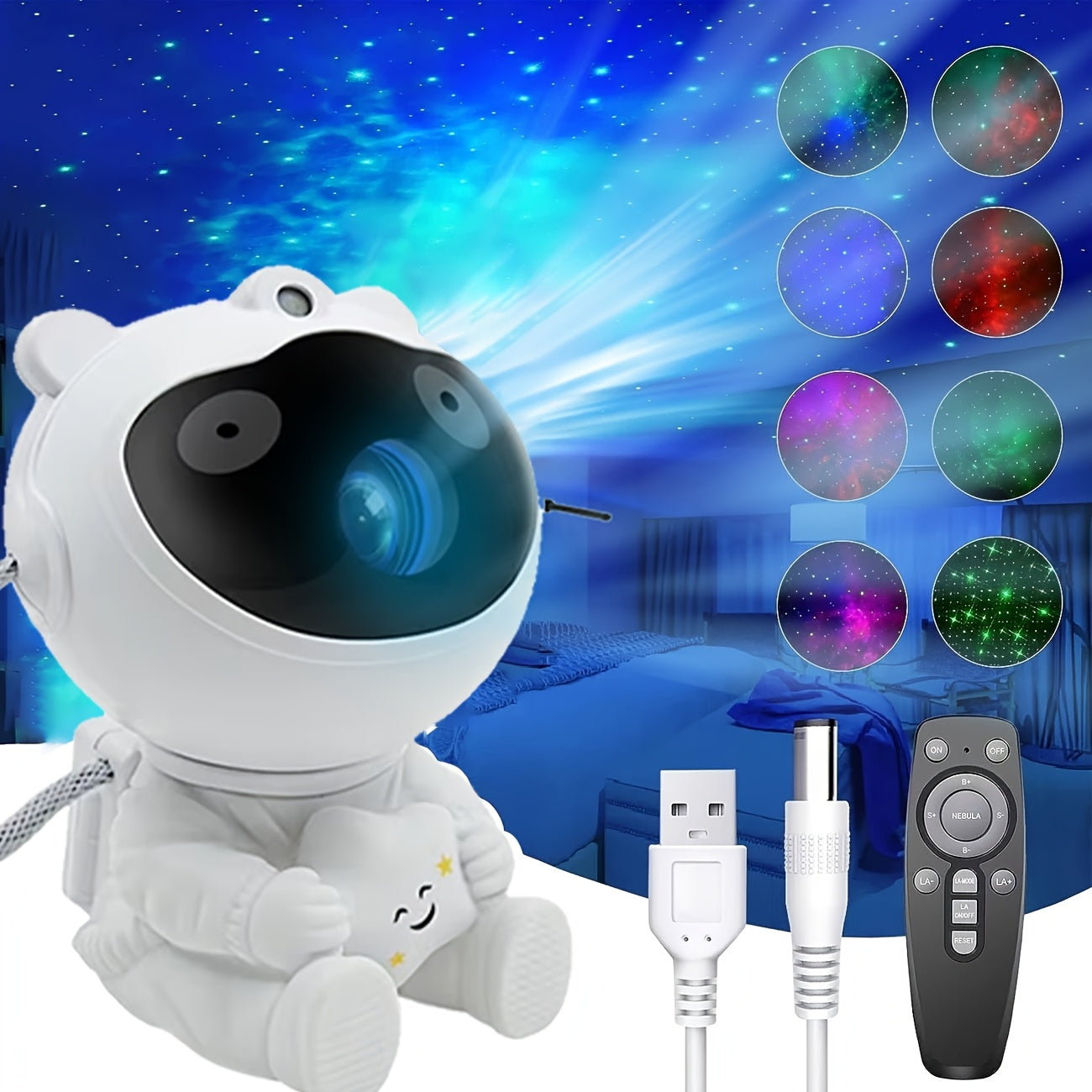 TEMU 1pc Astronaut Light Show Star Projector, 8 Lighting , Usb Powered, White, Comes With A Remote Control For Remote Operation, Suitable For Game