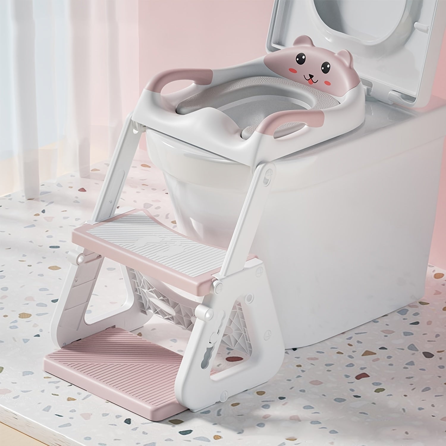 TEMU 2-in-1 Potty Training Toilet Seat With Step Stool Ladder, Detachable Triangular Base, Splash Guard, Anti-slip Pad - Cute Pink , Adjustable For ,