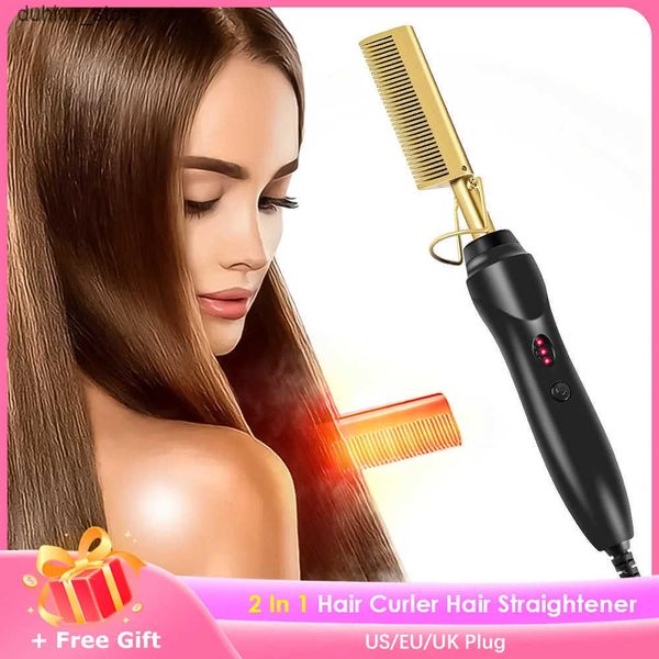 Hair Straighteners 2 in 1 Hot Comb Hair Straightener Flat Irons Straightening Brush Heating Comb Hair Straight Styler Hair Curler peigne cha