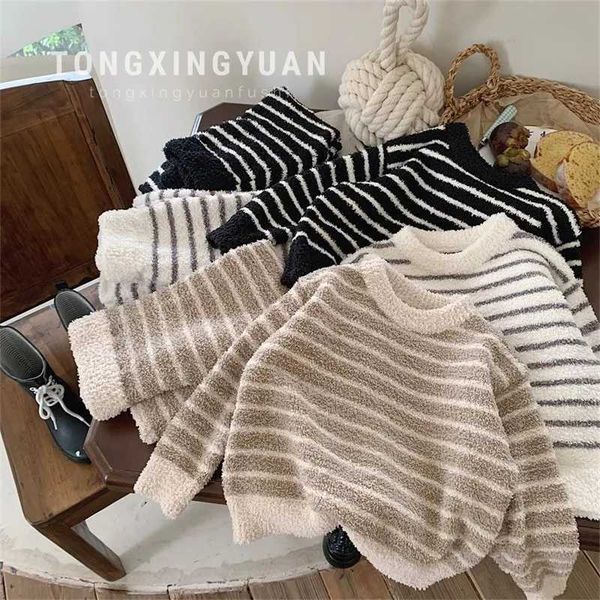 Korean Autumn Winter Childrens Girls 2PCS Homewears Set Simple Striped Warm Soft Kid Baby Girls Pajamas Toddler Girls SleepwearC241209C25010