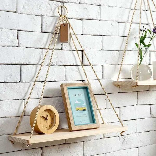 Wooden Rope Swing Wall Hanging Plant Flower Pot Tray Mounted Floating Wall Shelves Nordic Home Decoration Mored Simple Design Y240730