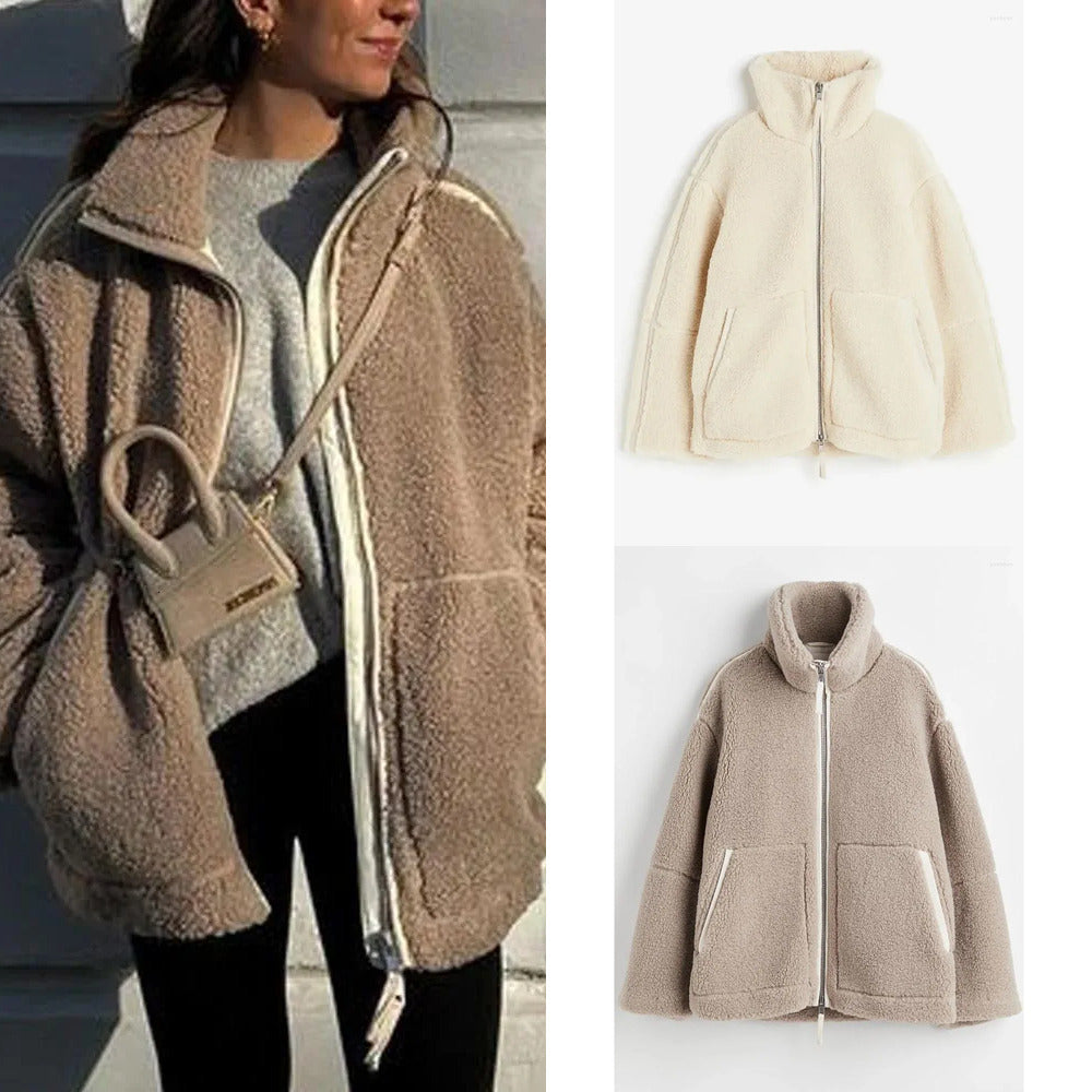 Women&#039;s Jackets Faux Lamb Wool Coat Women Winter Casual Long Sleeve Fleece Female Vintage Fashion High Street Zipper Oversized Outerwear q5