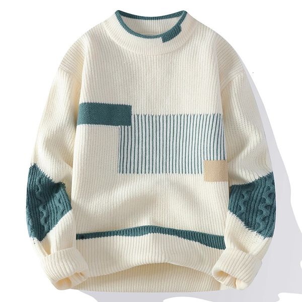 Mens Mock Neck Knitted Sweater Fashion Patchwork Knitting Pullovers Men Autumn Winter Daily Casual Warm Pullover Sweaters Man 241219