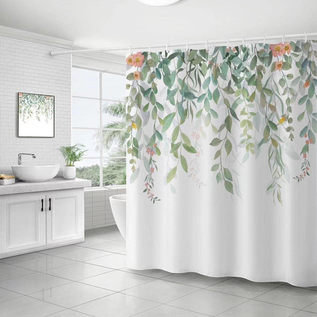YL-37171 digital shower curtain cross-border plant flower waterproof polyester bathroom four-piece set dry and wet separation moisture-proof