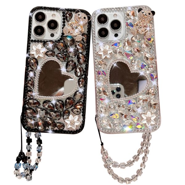 Flower Rhineston Phone Cases Sweetheart Mirror Luxury Iphone Cover Anti-drop Bracelet For IPhone 15 Pro Max Ultra 14 13 12 High-end Design D