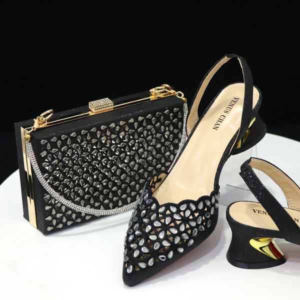 African Nigeria Party Pointed Women&#039;s Shoes with Back Air Elastic Band Diamond Face Square Handbag Diamond Bag