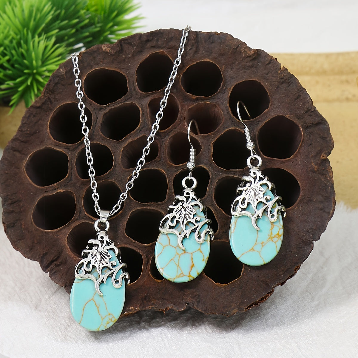 TEMU Elegant 3pcs Vintage Ethnic Jewelry Set For Women - Silvery Vine Hollow Alloy With Turquoise Teardrop Earrings & Necklace, Casual Attire Or