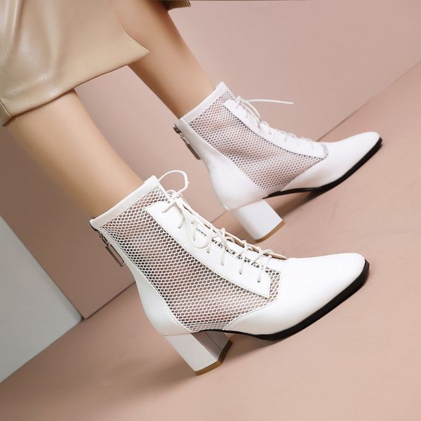 Women Zipper Boots High Heels Female Shoes Stiletto Summer Rubber Sandals Ladies Large Size Western PU Cross-Strap Lace-Up Squa 5f58
