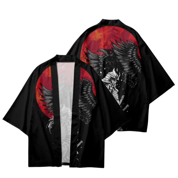 Street Wear Samurai Asian Clothing Japanese Wing Print Traditional Kimono Men Yukata Cardigan Oversized Black Cosplay Haori