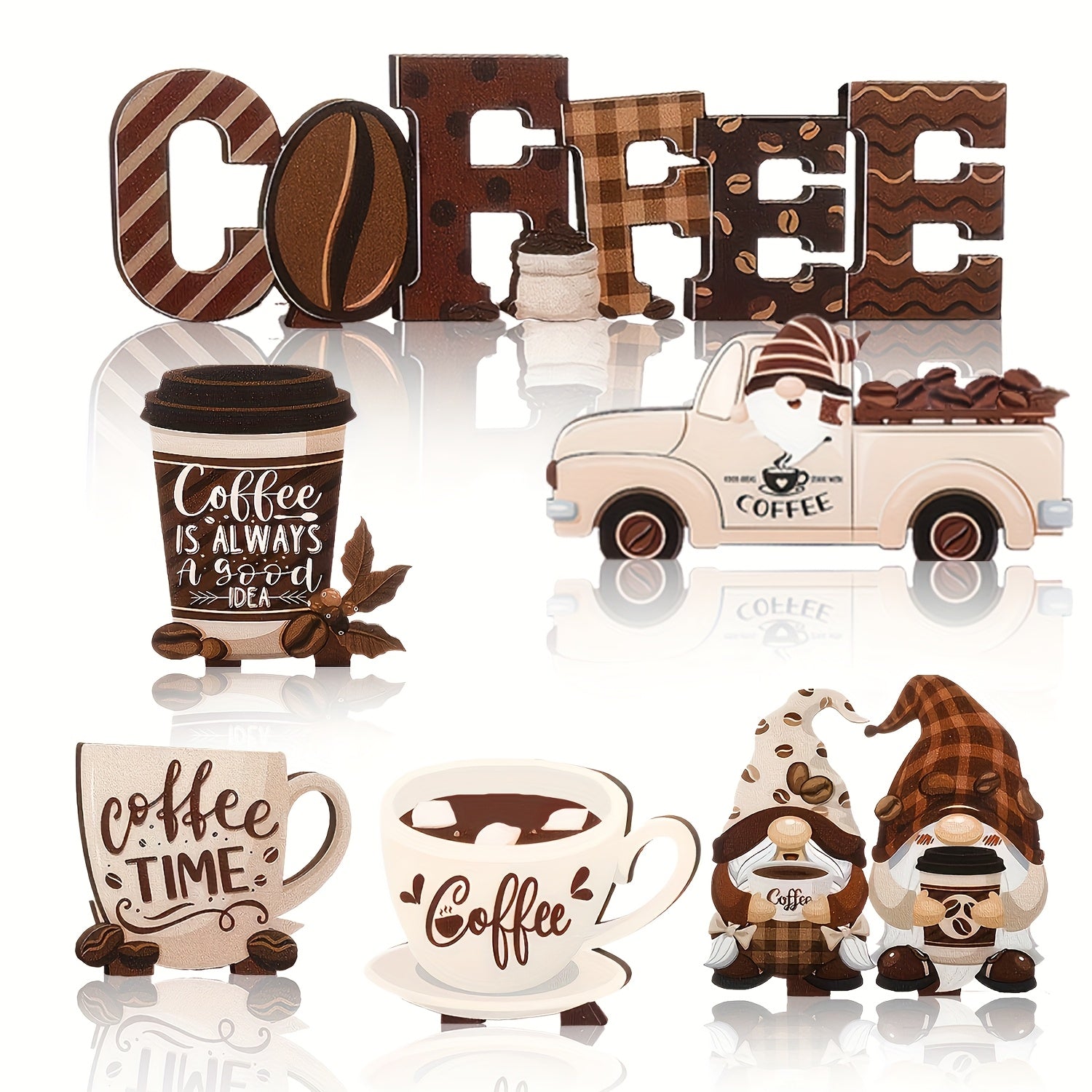 TEMU 6pcs Coffee-themed Decorative Set With Vintage Truck, Coffee Cups & Gnome Figurines - Rustic Artificial Wood Centerpiece For Home & Outdoor Use,