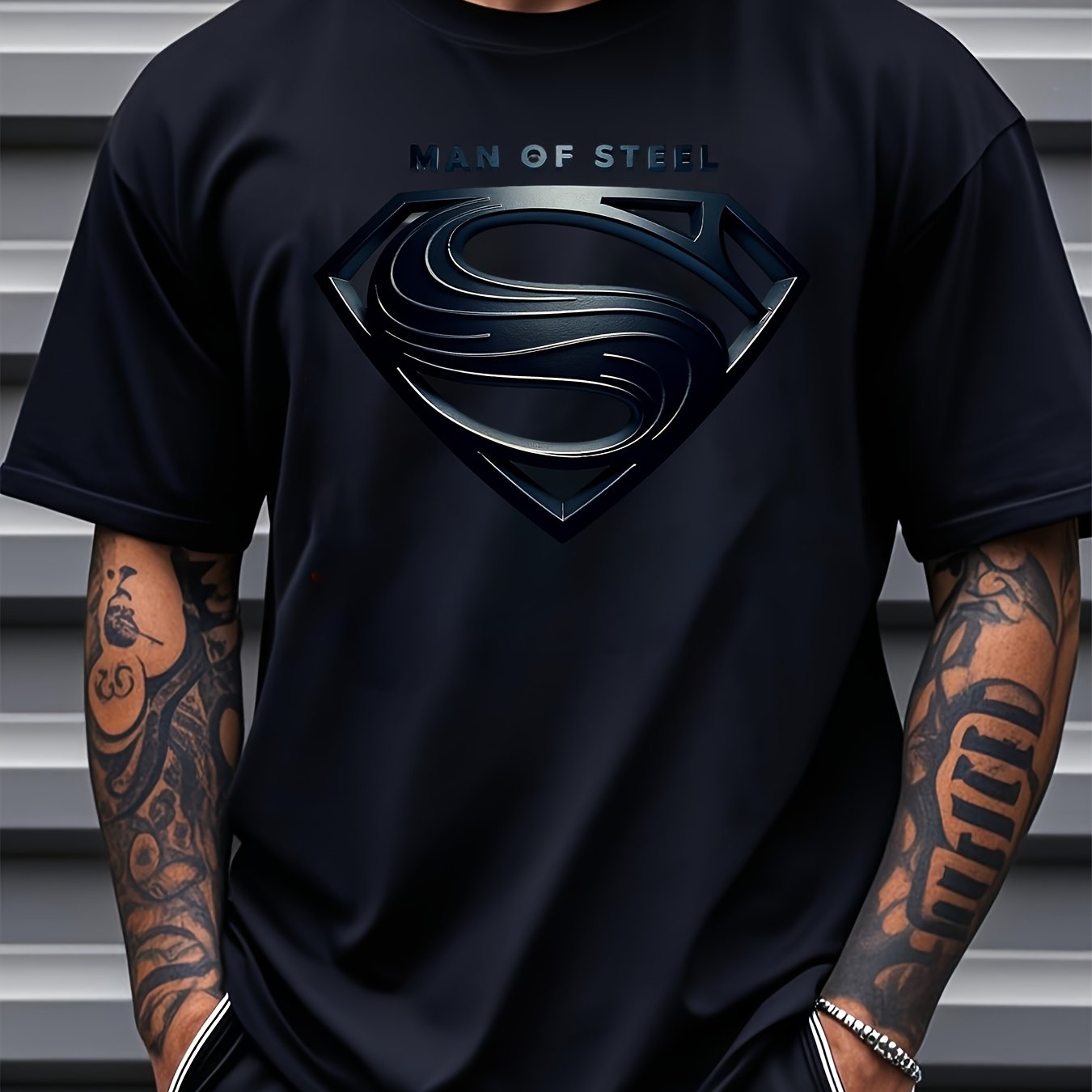 TEMU Men's League Graphic T-shirt - "" Superman Logo, Black Casual Crew Neck Short Sleeve Tee, For Spring-summer, Everyday Tshirt With Text Design,