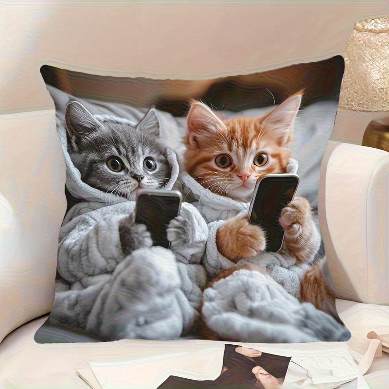 TEMU Modern Bohemian Pillowcase - Cute Gray & Orange Tabby Cats With Smartphone, Soft Fleece Decorative For Living Room, Bedroom, Home Office - Gift