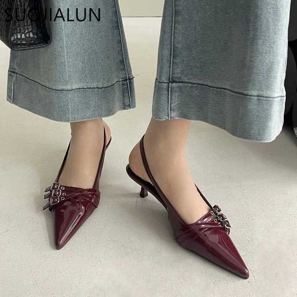 Suojialun 2024 nova marca feminina moda de sandália vermelha pontiaguda de ponta rasa de slingback sandal fino de salto baixo bombas shoesc2