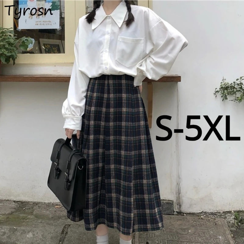 JK Skirts Women Plaid Loose Midi S-5XL A-line Pleated Empire Chic All-match Students Preppy Female Autumn Winter Gentle Lovely 240808