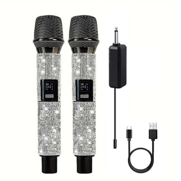 Dual Diamond Wireless Microphone Crystal Cordless Dynamic Mic Rechargeable battery Receiver for Party Speech Karaoke ChurchM240815