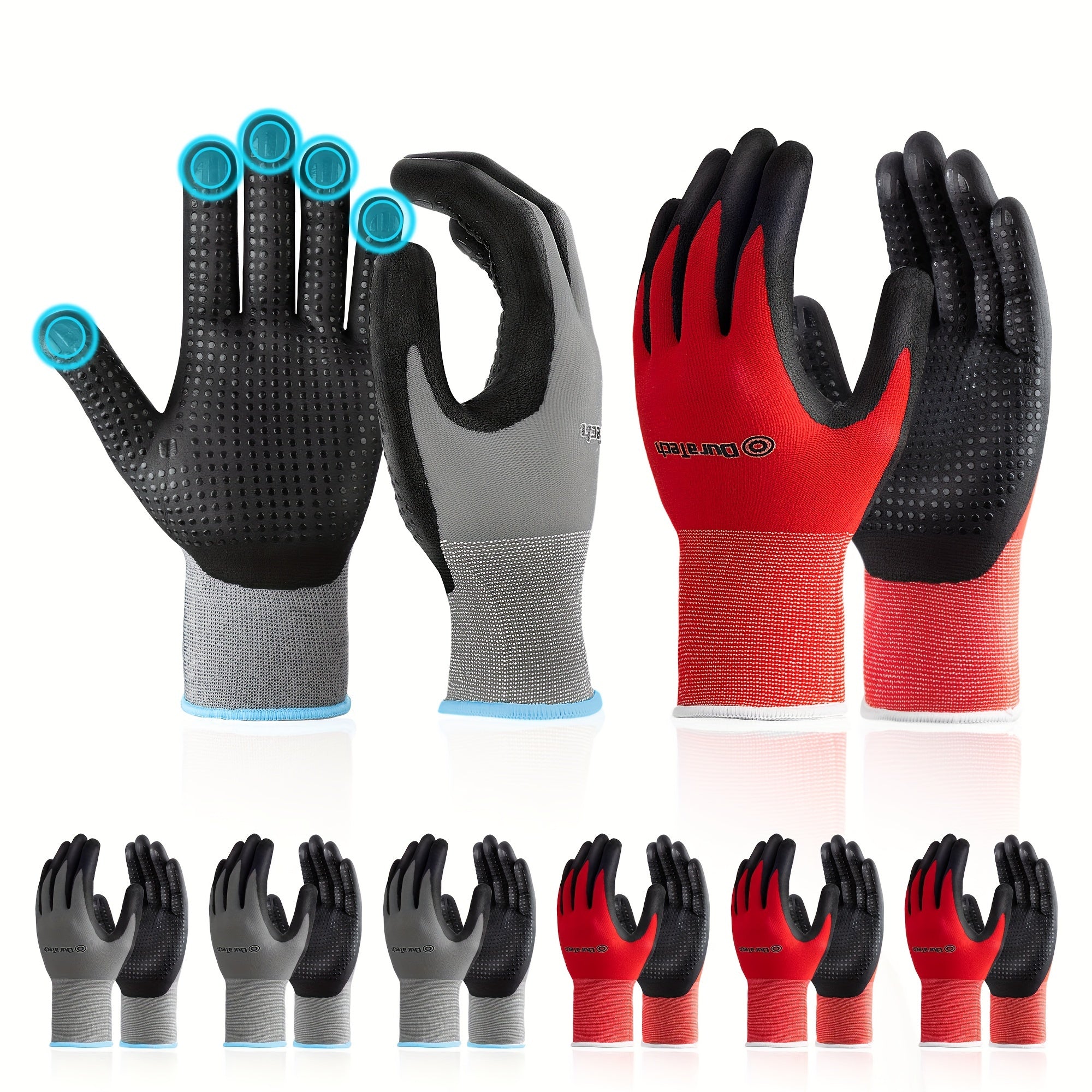TEMU Duratech Micro-foam Nitrile Safety Work Gloves, 6 Pairs, Non-slip Dot Coated Gloves, With Touchscreen , Ideal For (grey And Red, L)