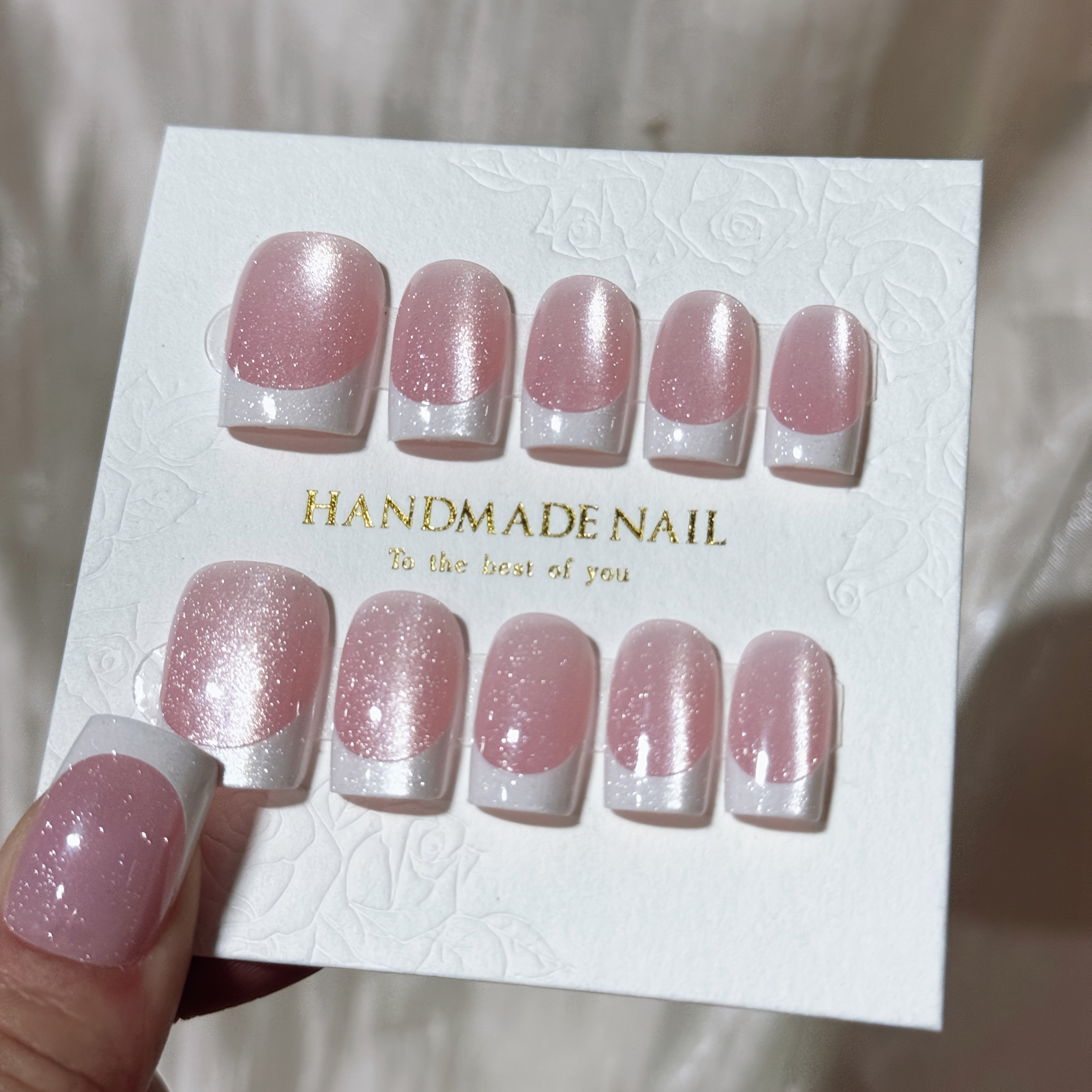 TEMU 150pcs Classic Cat Eye Nail Set, Middle-length Square Shaped False Nails, Glossy Finish, Full Coverage Nail Art With Elegant Packaging Box, Nail