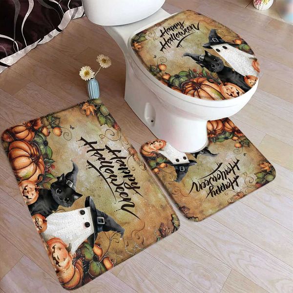 Cartoon Halloween Bath Mat Set Cute Black Cat Elf Ghost Countryside Autumn Pumpkin Home Carpet Bathroom Decoration Floor Carpet Toilet Cover