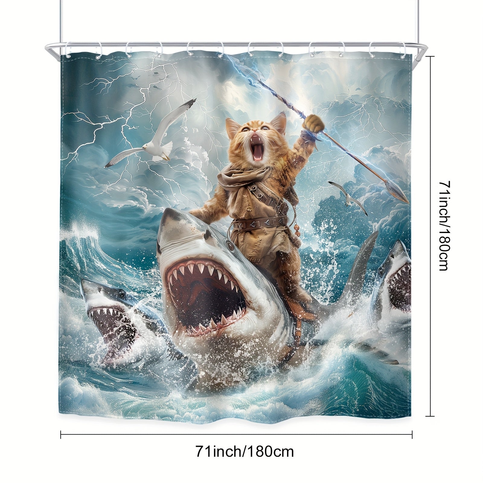 TEMU 1-4pcs - Funny Cat Shower Curtain Set, Cartoon Cat Riding Shark Seagull Lightning Animal Art 12 Hooks Shower Curtain, Non-slip Bathroom Floor