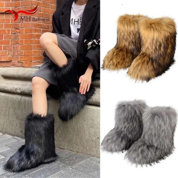Winter Fuzzy Women Brown Shoes Fluffy Faux Fur Snow Boots Plush ing Slip-on Rubber Flat Outdoor Warm Fashion Footwear