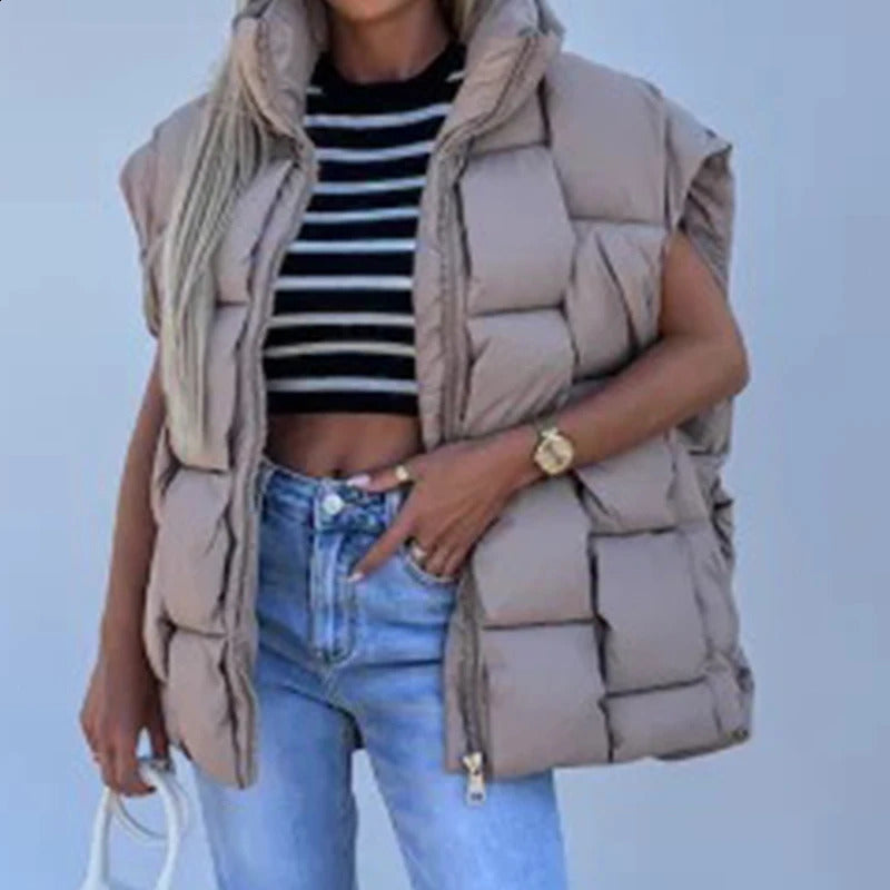Fashionable Womens Zipper Stand Up Collar Padded Jacket Fashionable Warm Cotton Autumn Solid Sleeveless Vest 240910