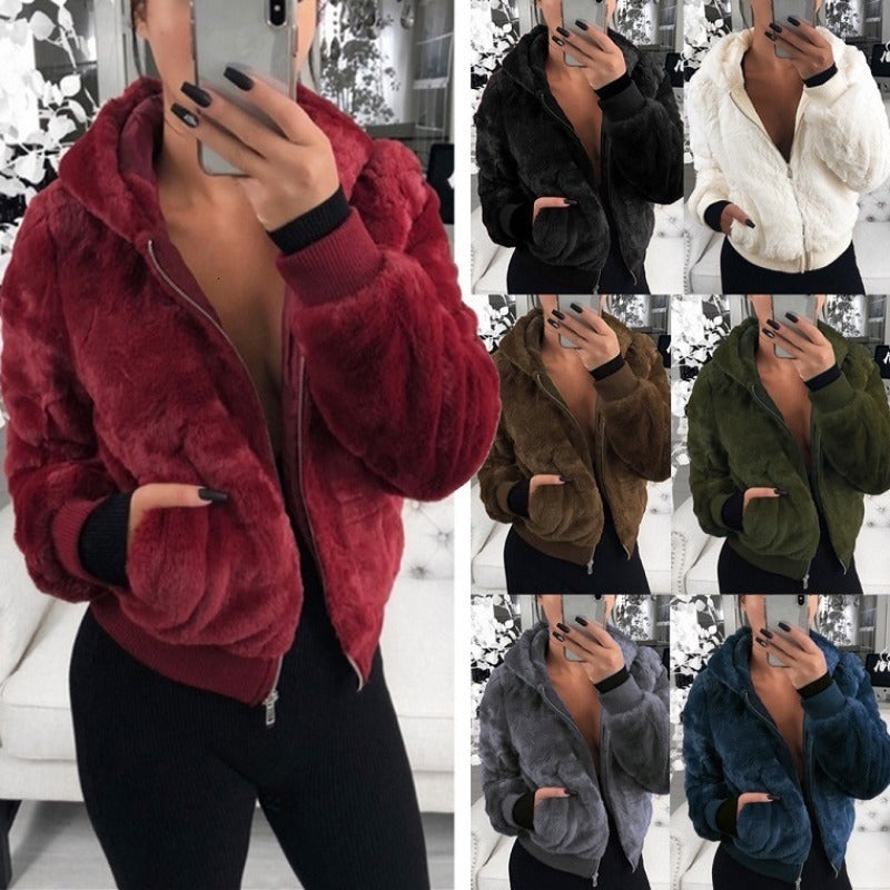 Teddy Women Winter Faux Fur Coat With Hood New Thick Fluffy Pockets Plush Hooded Jacket Ladies Autumn Overcoat Outerwear