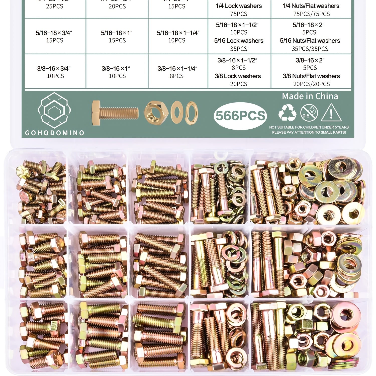 TEMU 566pcs Of Heavy-duty Bolt And Nut Classification Kit, 8-grade Hex Screw Bolt Nut Flat Washer Spring Washer Kit, 1-4 5-16-18 3-8-16, Including 15