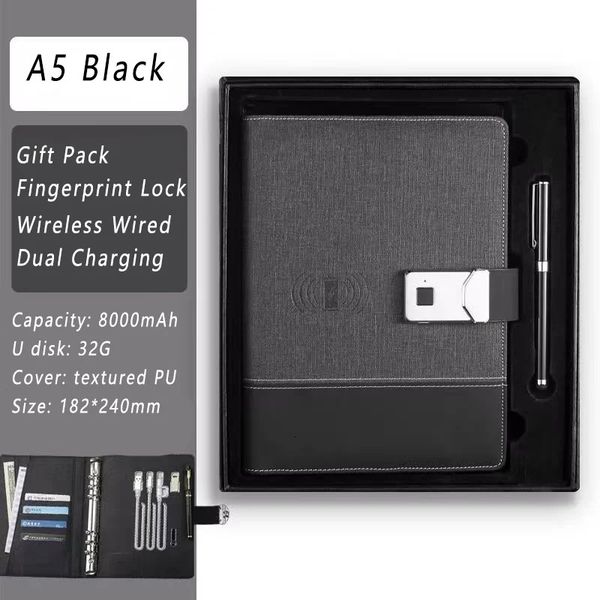 Notepads Rechargeable Notebook Fingerprint Unlocking U Disk Wireless Power Bank Smart Electronic Password Lock Notepad Gift Box Set 231201