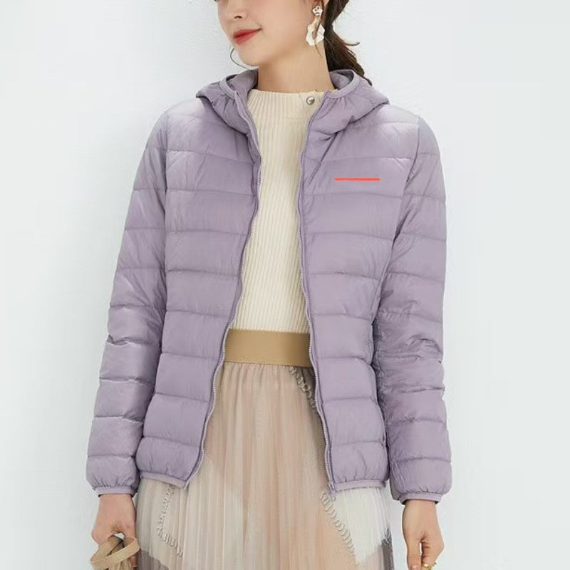 winter down color designer women down jacket fashion simple hooded red logo short style lightweight parkas womens coats versatile stand up collar pi