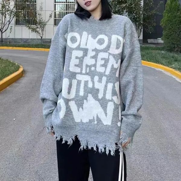 Trend Japanese Pullover Women Y2K Clothes Loose Knit Oneck Sweater Traf Store Blouses Long Sleeve Top Letter Printing 250103