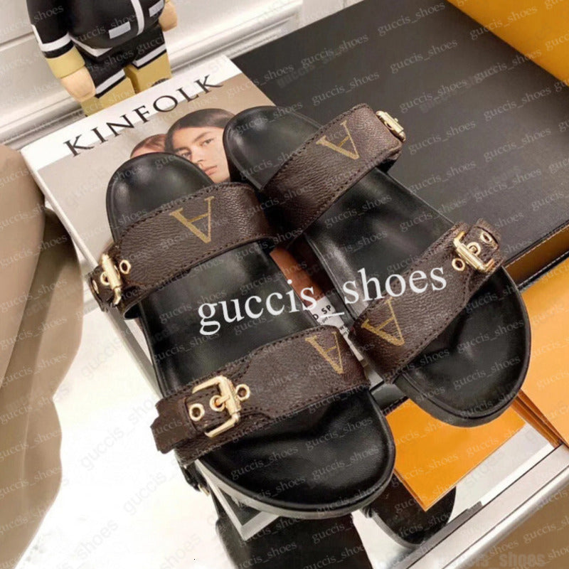 Bom Dia Flat Mule Sandals Genuine Leather sandal Slipper Casual Shoe summer beach gladiator Mules hasp New womans Flat Slide luxury Designer Sliders