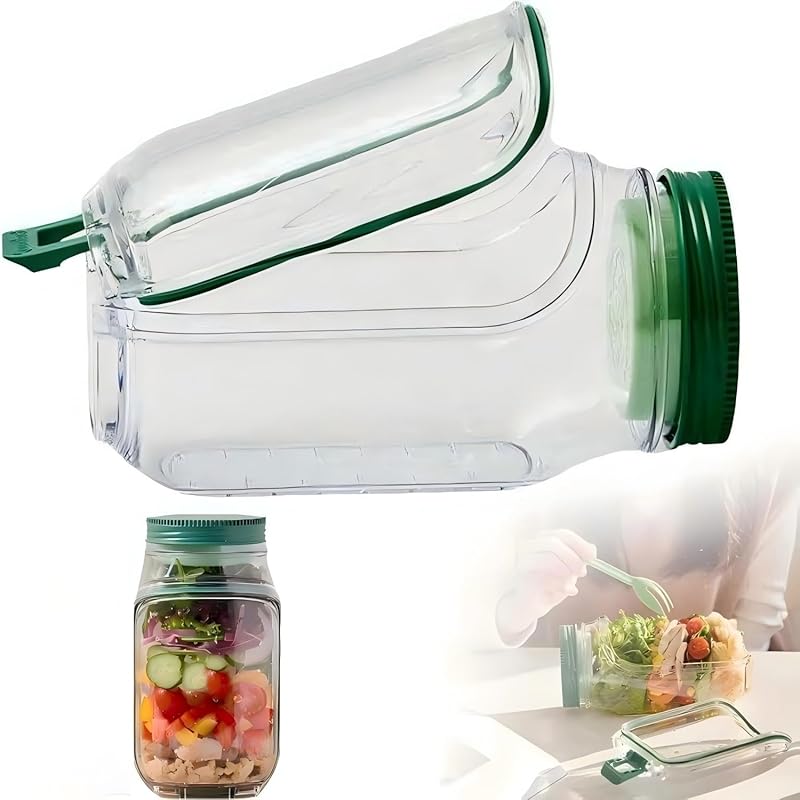 TEMU Mason Jar Salad Container With Side Opening, Dressing Bowl & Sauce Compartments - Microwave-safe, Dishwasher Friendly, Round Plastic Meal Prep