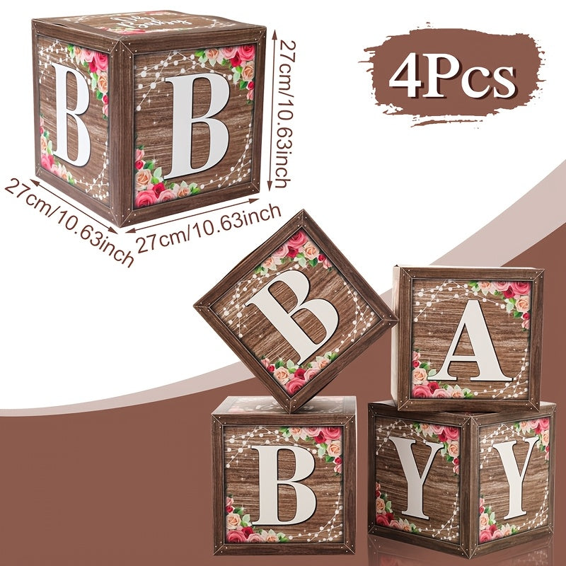 TEMU 4pcs, 10.63 Inch Paper Baby Boxes With Letters For Baby Shower, Vintage Wood Grain Stacking Block Boxes With Flowers Design, Gender Reveal Paper