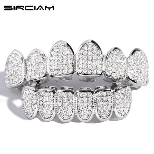 Silver Plated Iced Out Micro Pave Teeth For Men Top Bottom Cubic Zirconia Grills Set Man Women Dental Jewelry Gifts 250118