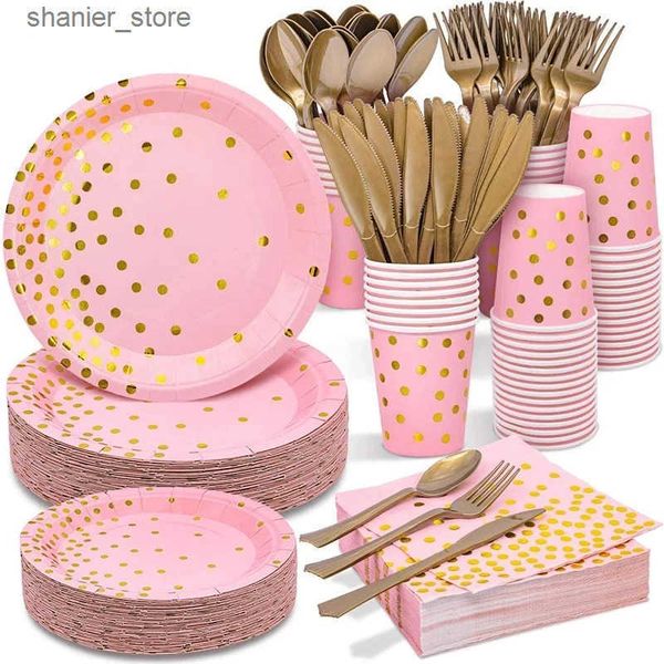 Disposable Dinnerware Pink Gold Dot Baby Girl Party Disposable Tableware For Birthday Party Decorations Kids Paper Napkins 1st Birthday Part